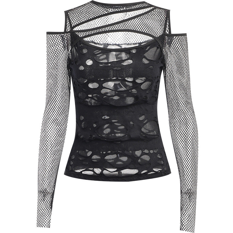 Dark Goth Gothic Sexy Slim Mesh Hole Long Sleeve Top