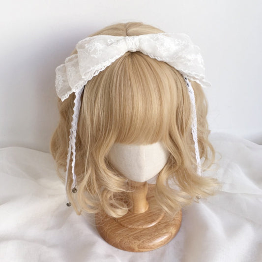 Handmade Girl Big Lace Bow Bell Headband Lolita Shrine Maiden Mori Headband Hairpin