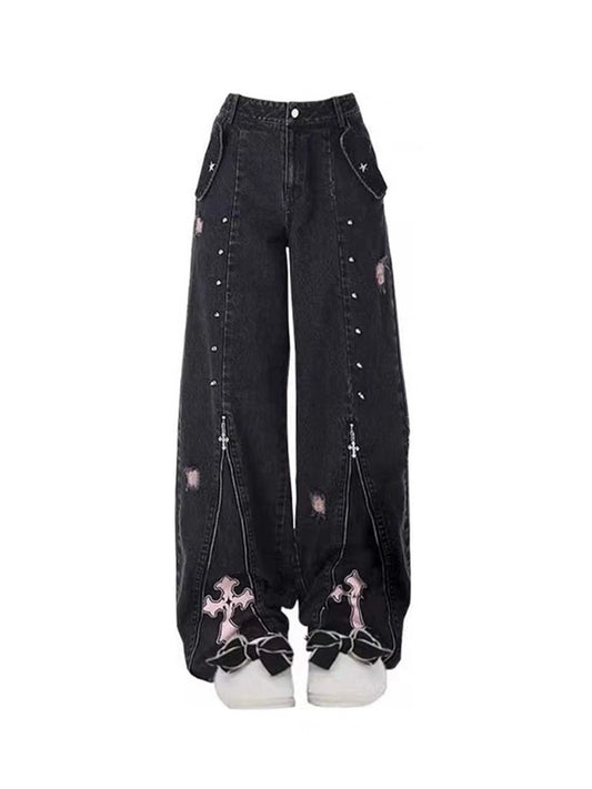 Pink Cross Punk Grunge Wide-Leg Jeans