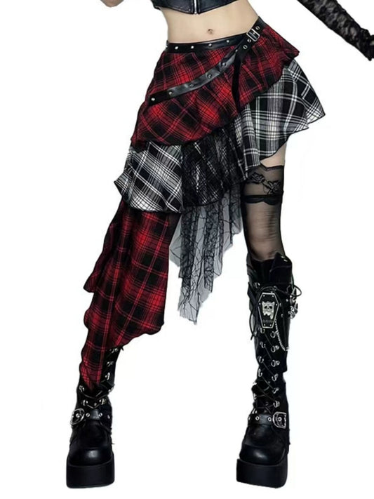 Plaid Punk Subculture Patchwork Lace Skirt