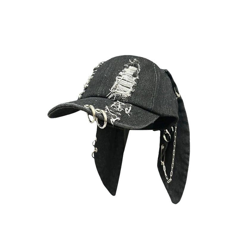 Dark Punk Y2K Rabbit Ears Baseball Cap with Chain