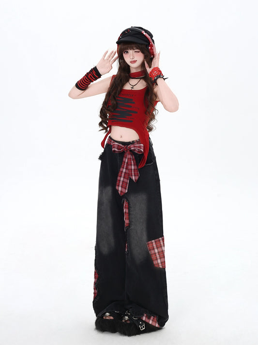 Sweet Street Checkered Red Plaid Ripped Wide-Leg Jeans