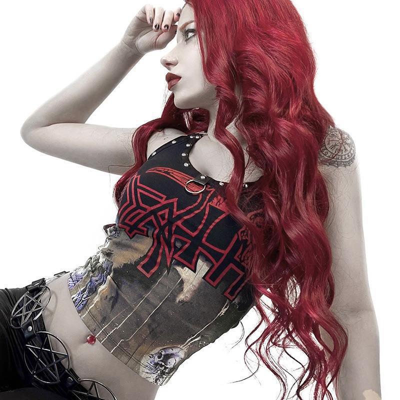 Slim Punk Top Dark Style Gothic Print Halter