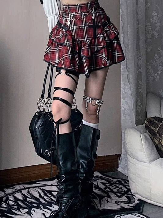 Red Plaid Cross Punk Kawaii Skirt