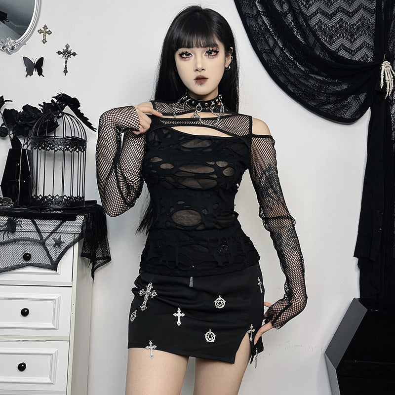 Dark Goth Gothic Sexy Slim Mesh Hole Long Sleeve Top