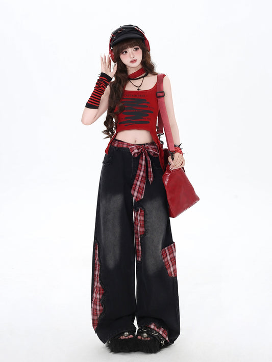 Sweet Street Checkered Red Plaid Ripped Wide-Leg Jeans