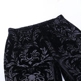 Goth Black Floral Pants Suede Embossed Casual