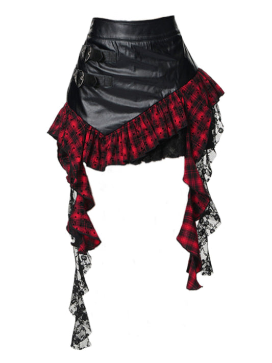 Punk Plaid Ruffle Leather Skirt