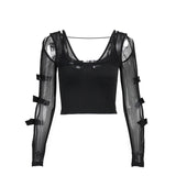 Dark Goth Long Mesh Sleeve Top With Truncated Bow