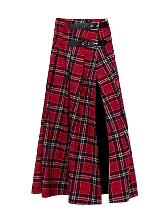 Babes Vintage Red Plaid High Waist Slit A-Line Midi Skirt