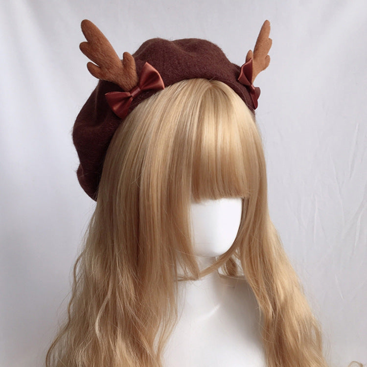 Japanese Soft Girl Antler Beret, Cute Deer Biscuit Design