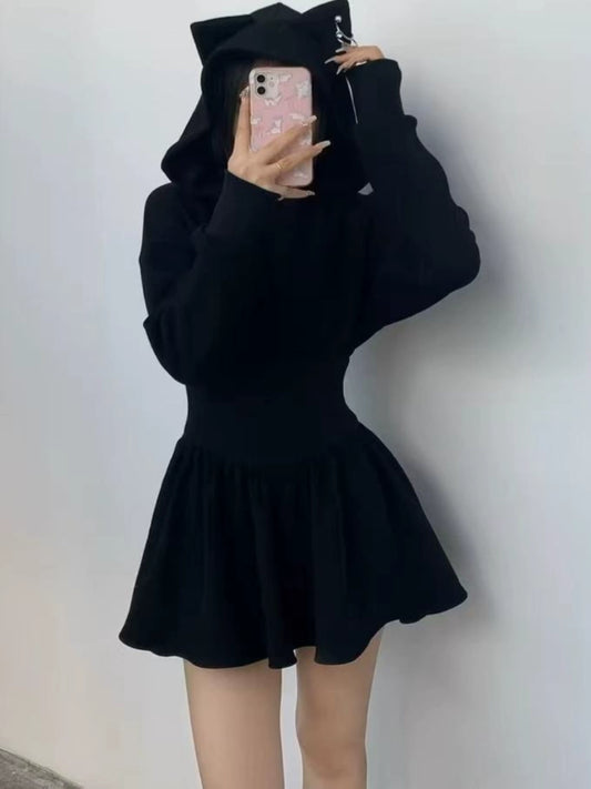 Dark Wind Sweet Cool Velvet Cat Ears Dress