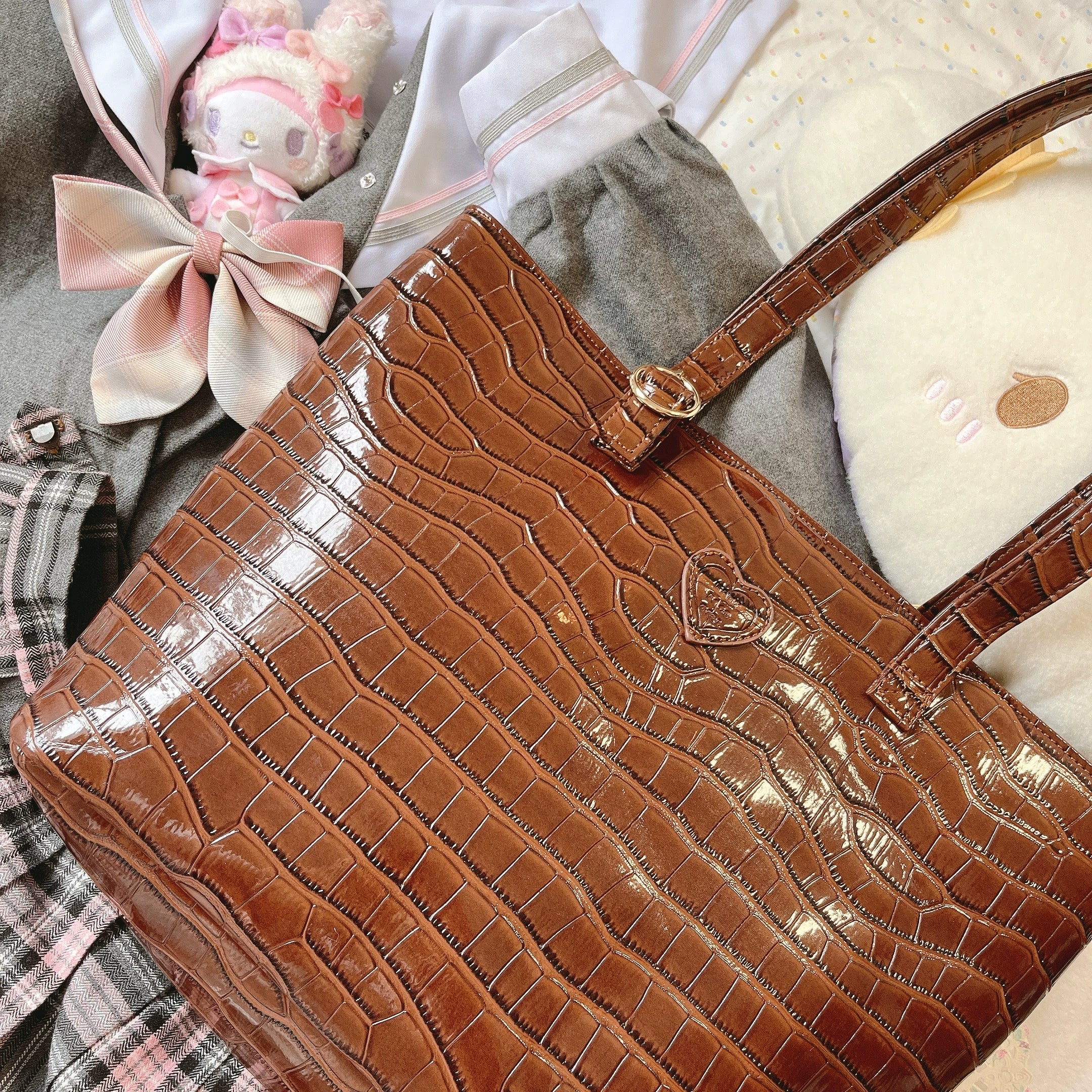 BabyFaceGirl Kawaii Handbag Tote Ita Bag Crocodile PatternLarge-Capacity Portable Shoulder Commuter Bag