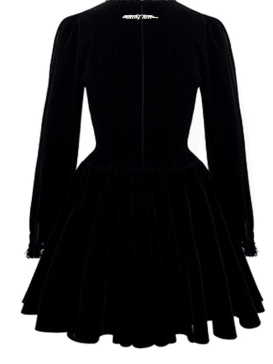 Black Velvet Puff Long Sleeve Dress