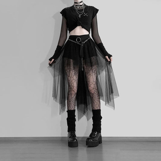 Goth High-Waisted Mesh Irregular Skirt