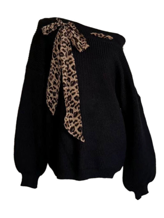 Leopard Stitch Tie-Up Off-Shoulder Sweater