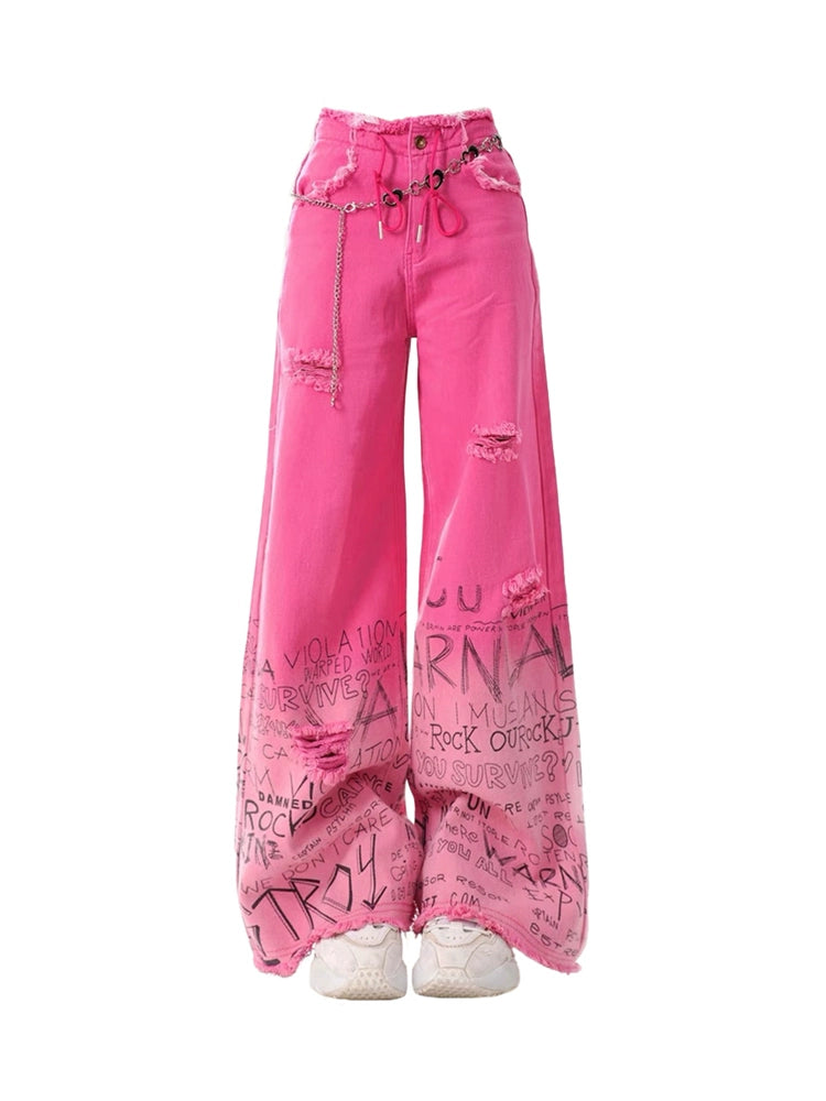 Pink Graffiti Wide-Leg Ripped Jeans