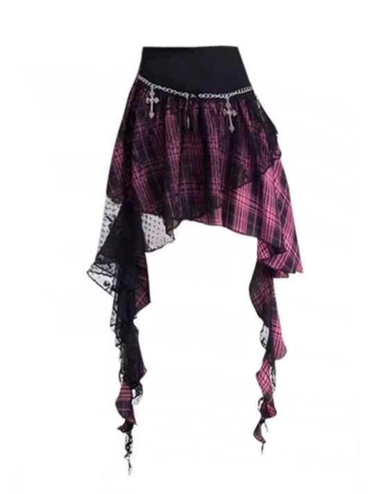 Punk Plaid Lace Stitching Irregular Skirt