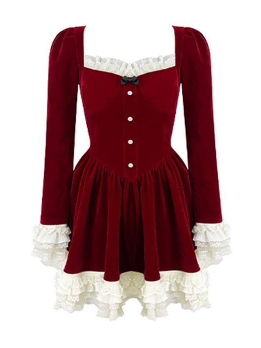 Christmas Red Velvet Lace Princess Dress