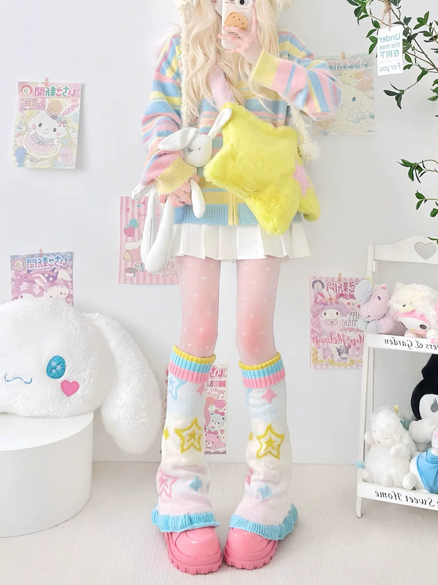 Japanese sweet flared socks dopamine candy color y2k star comic leg soft girl knitted wide leg socks leg cover