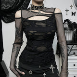 Dark Goth Gothic Sexy Slim Mesh Hole Long Sleeve Top