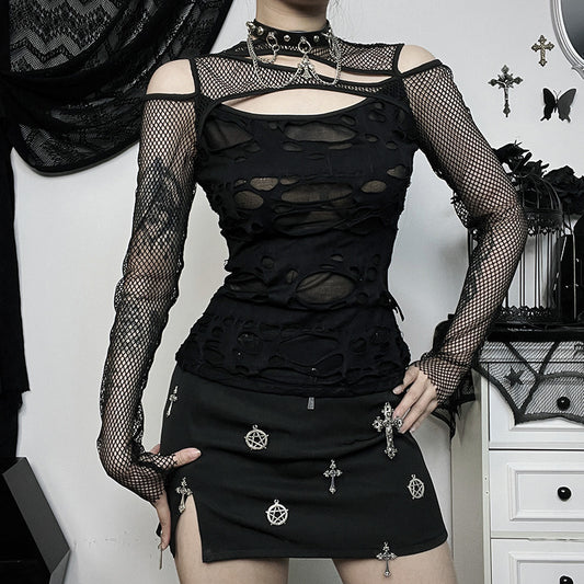 Dark Goth Gothic Sexy Slim Mesh Hole Long Sleeve Top