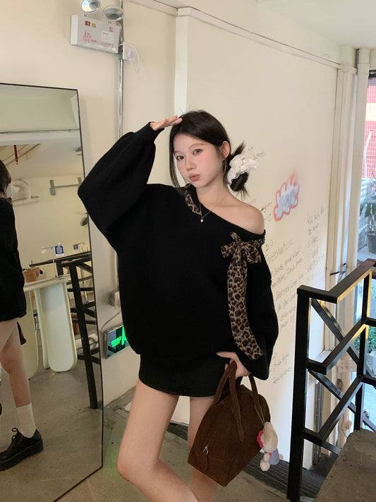 Leopard Stitch Tie-Up Off-Shoulder Sweater