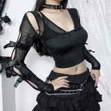 Dark Goth Long Mesh Sleeve Top With Truncated Bow