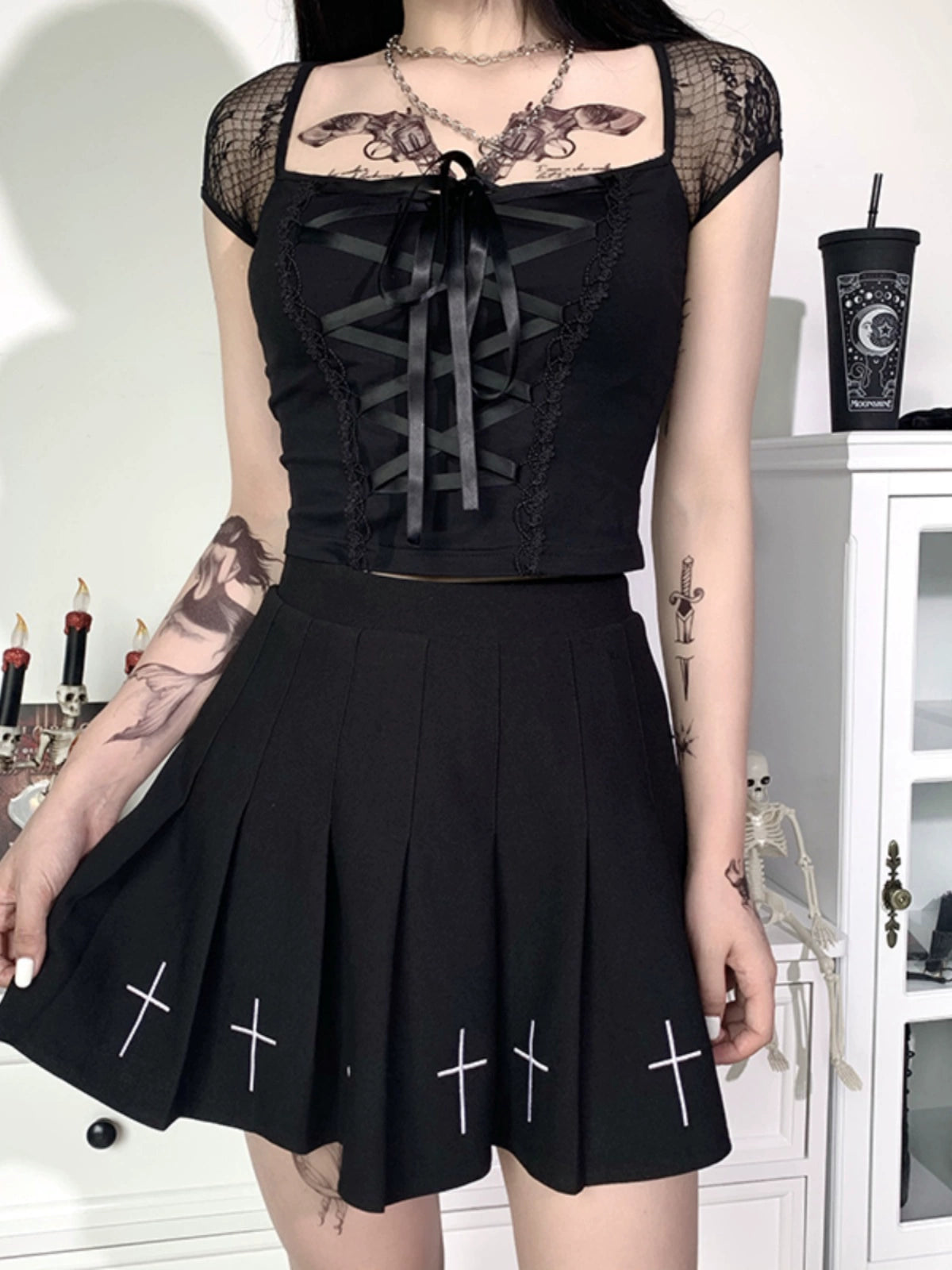 Gothic Dark Black Square Neck Tie Short Sleeve T-shirt Sweet and Spicy Little Top